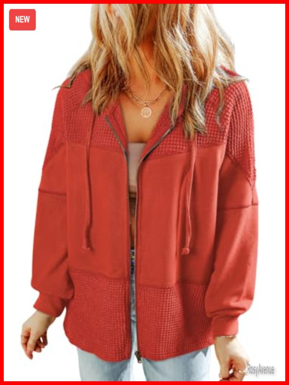 Waffle Knit Zip Up Hoodie Drawstring Hooded Sweatshirt Loose Fit